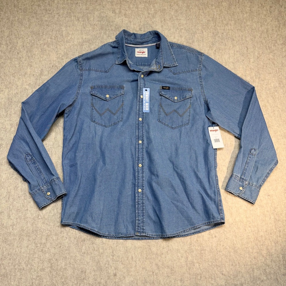 Wrangler Western Shirt Mens L Blue Cowboy Wash Pearl‎ Snap NWT